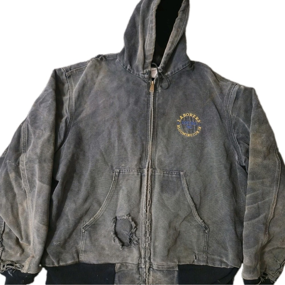 Vintage 90s Carhartt Jacket Mens L Gray Faded Duck Canvas Lined Hooded Coat